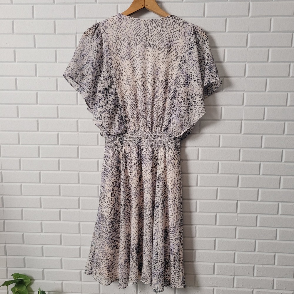 DKNY Flutter Sleeve Dress 8 Navy Pink Snakeskin Print Smocked Waist NWT - Picture 11 of 16